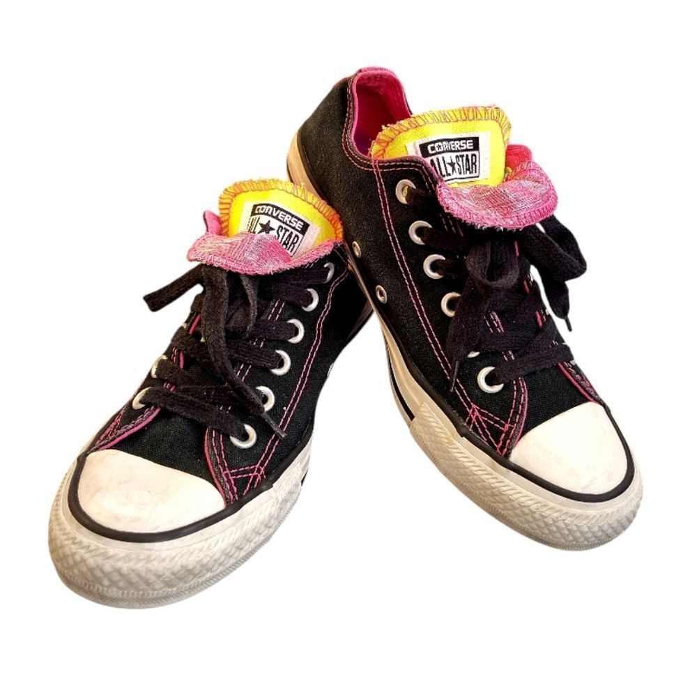 Converse Retro Double Tongue Black Neon Canvas Sneakers Pink Yellow Women's SZ 7